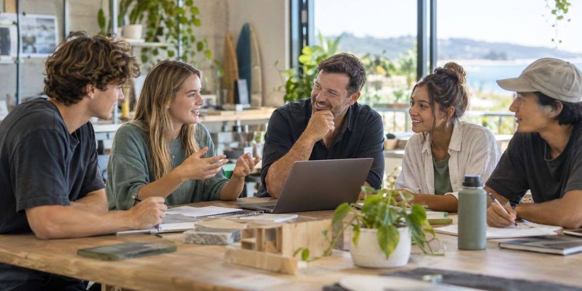 An industry mentor working with young people on a workplace project
